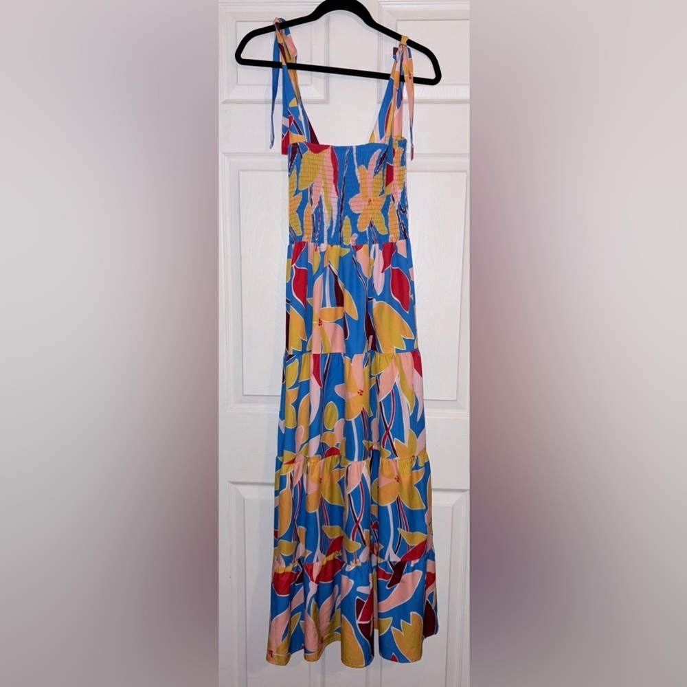 Women's Blue Multicolor Floral Smocked Ruffle Tiered A Line Maxi Dress Size L - Picture 4 of 7